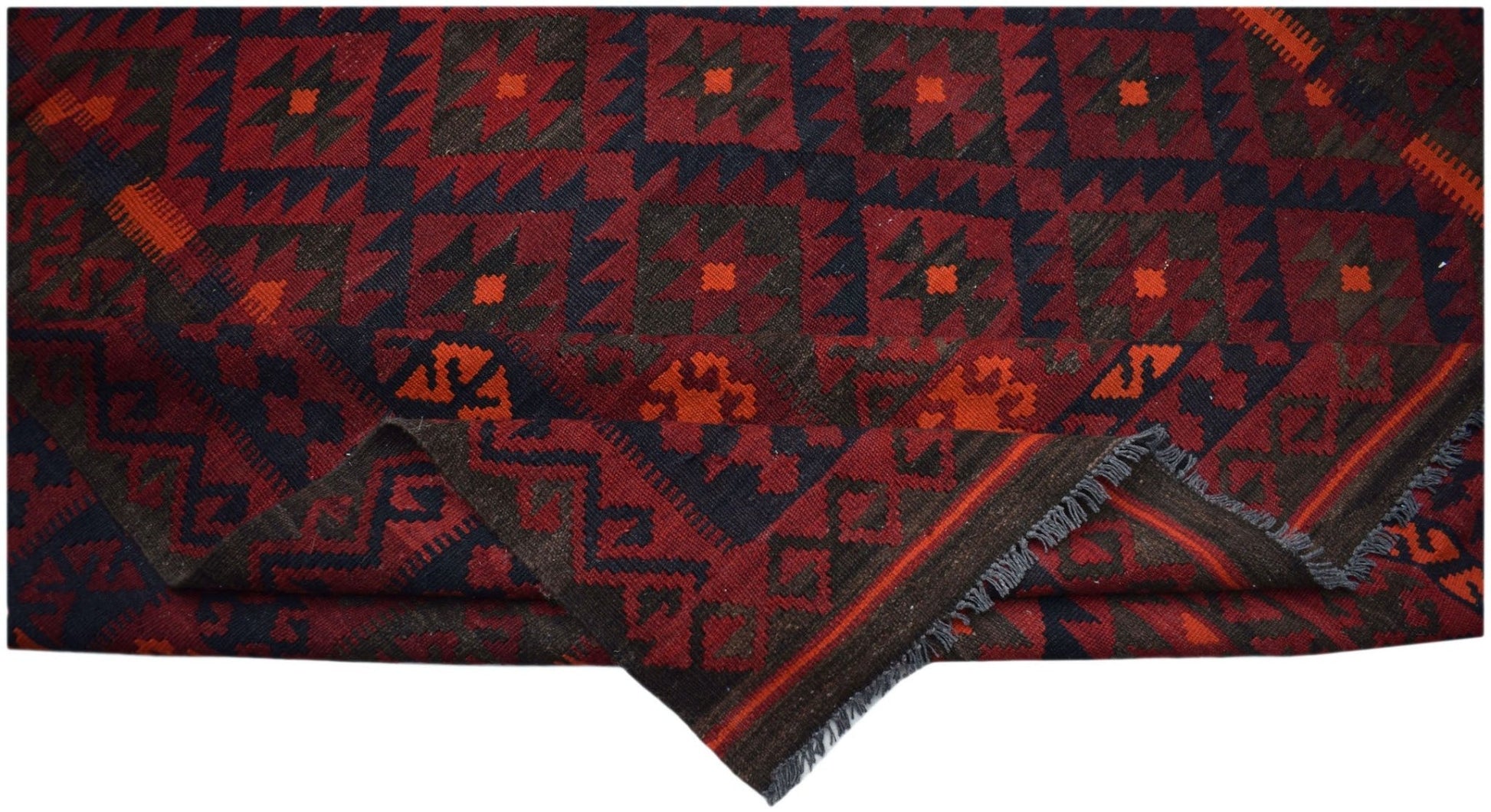 Handwoven Afghan Maimana kilim rug featuring a geometric pattern in red, black, and orange wool.