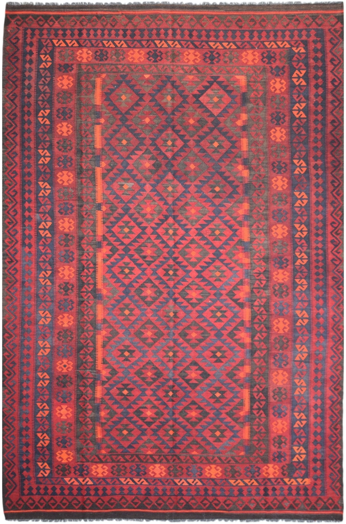 Handwoven Afghan Maimana kilim rug featuring a geometric diamond pattern in red and dark blue.