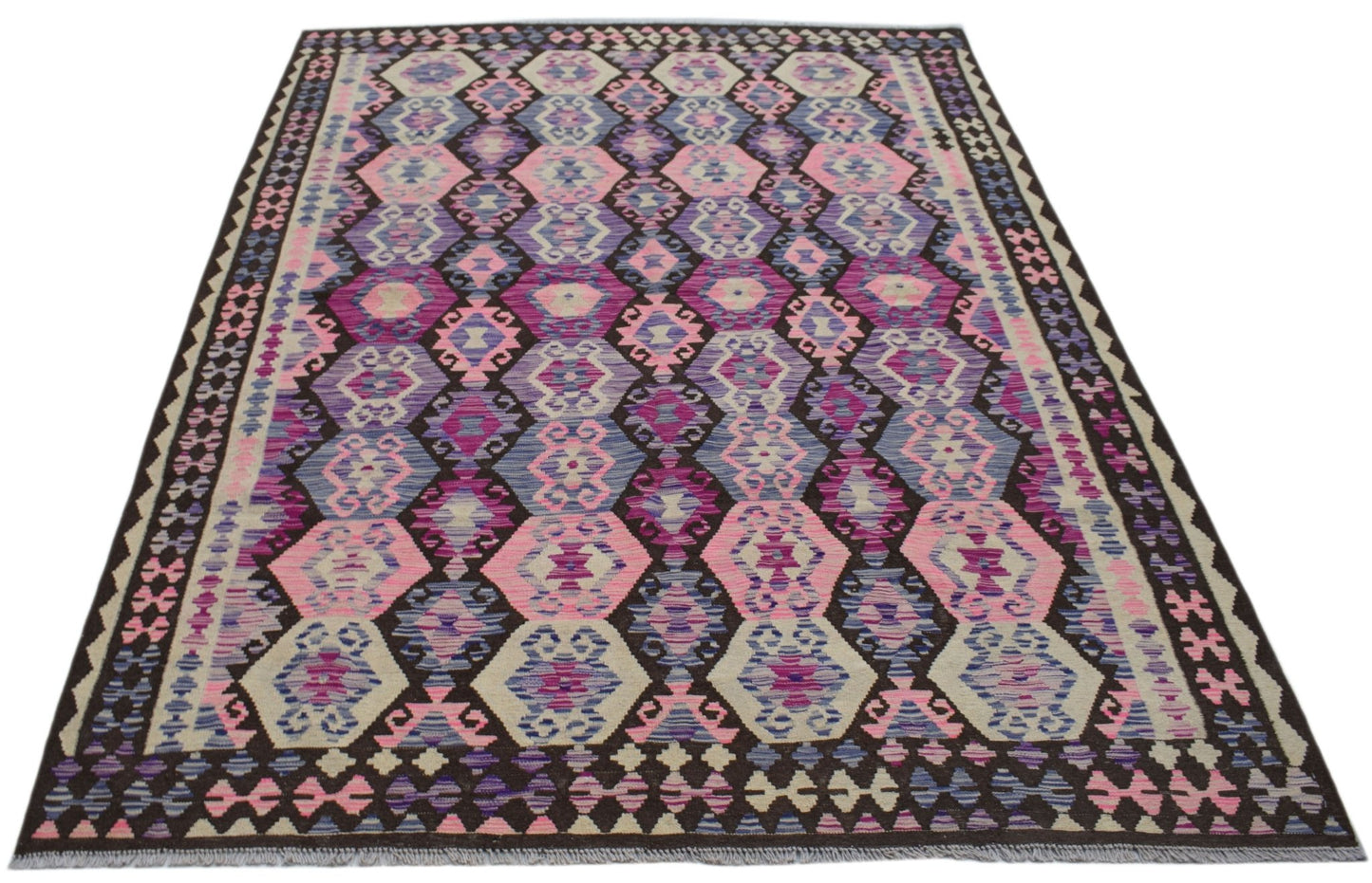 Handwoven Afghan Maimana kilim rug featuring a geometric diamond pattern in pink and purple tones.
