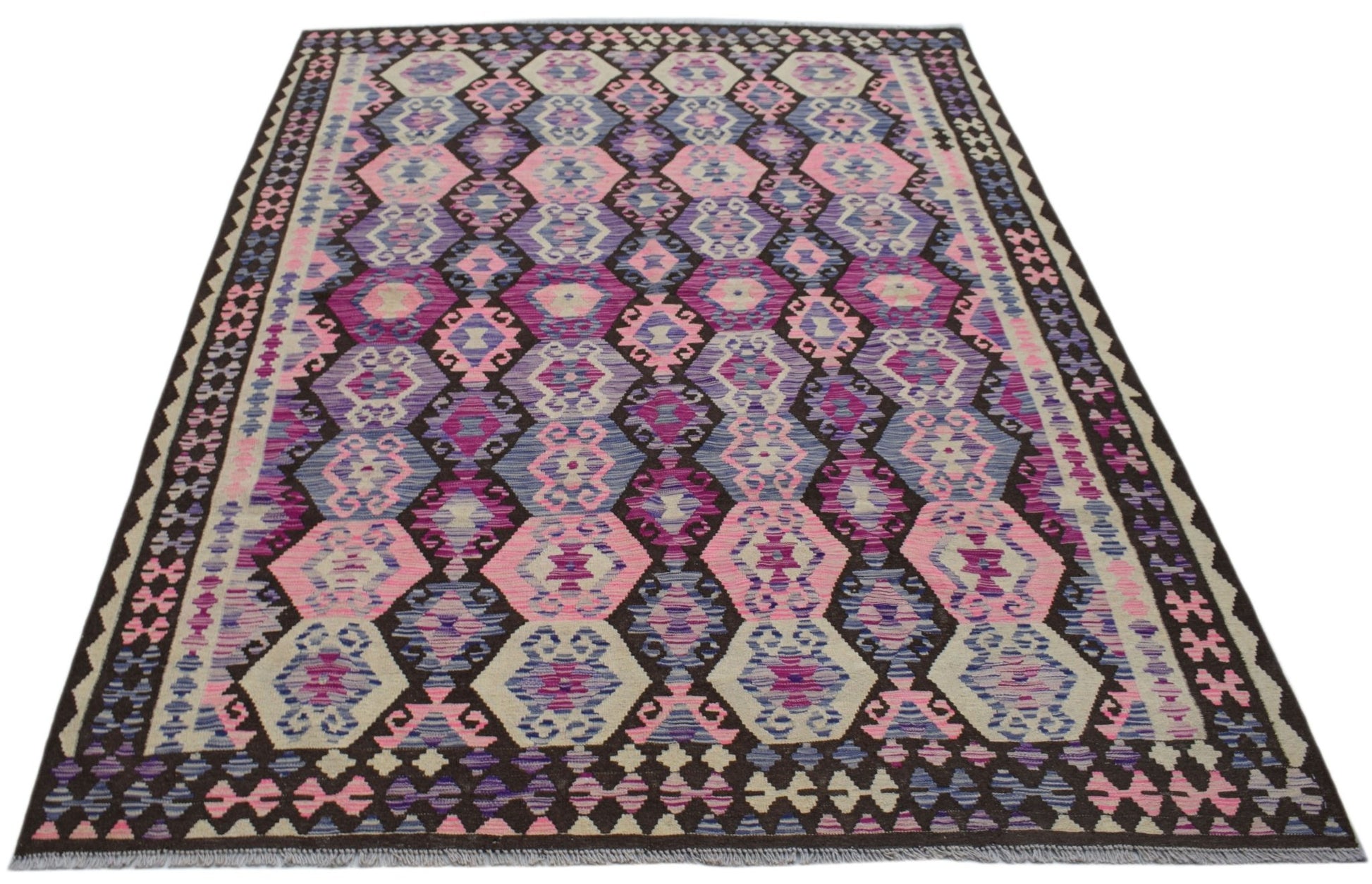 Handwoven Afghan Maimana kilim rug featuring a geometric diamond pattern in pink and purple tones.