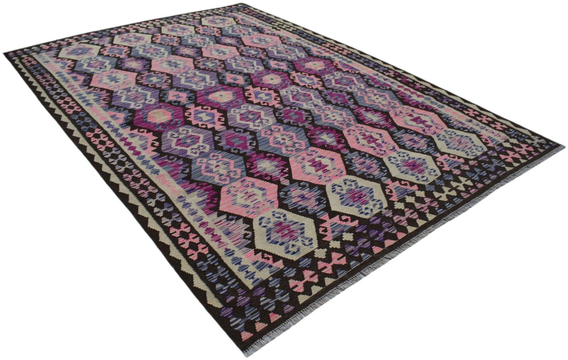 Handwoven Afghan Maimana kilim rug featuring a geometric pattern in shades of pink, blue, and purple.
