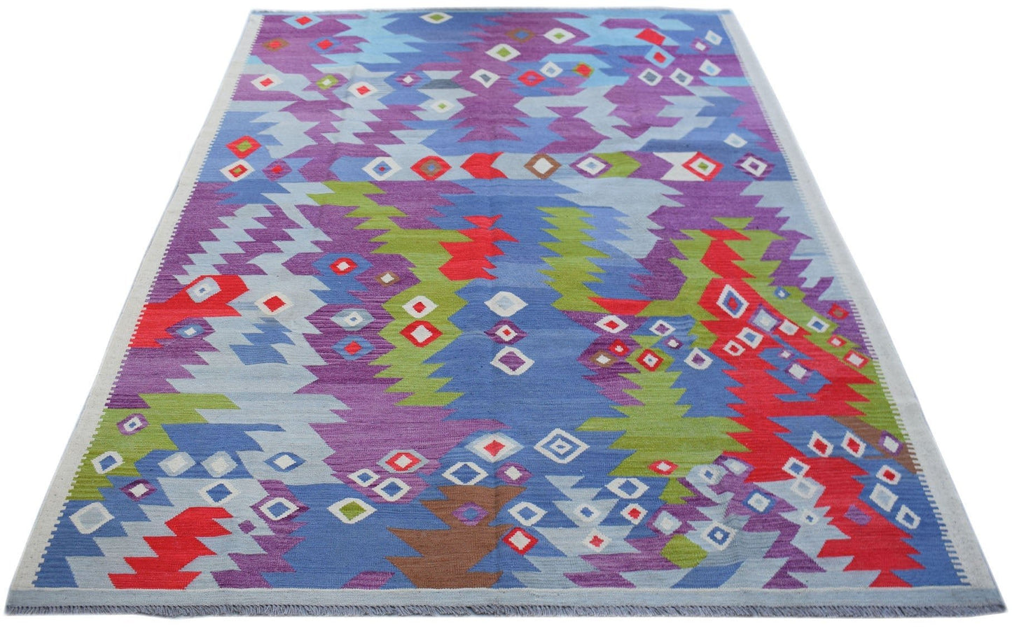 Handwoven Afghan Maimana kilim rug featuring a vibrant geometric pattern in wool.