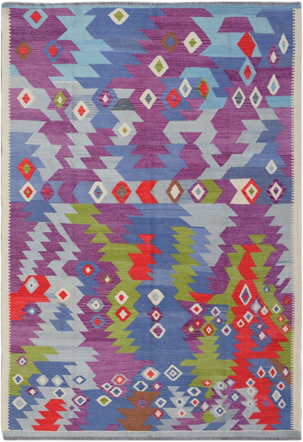 Handwoven Afghan Maimana kilim rug featuring a vibrant geometric pattern in purple, blue, and red.