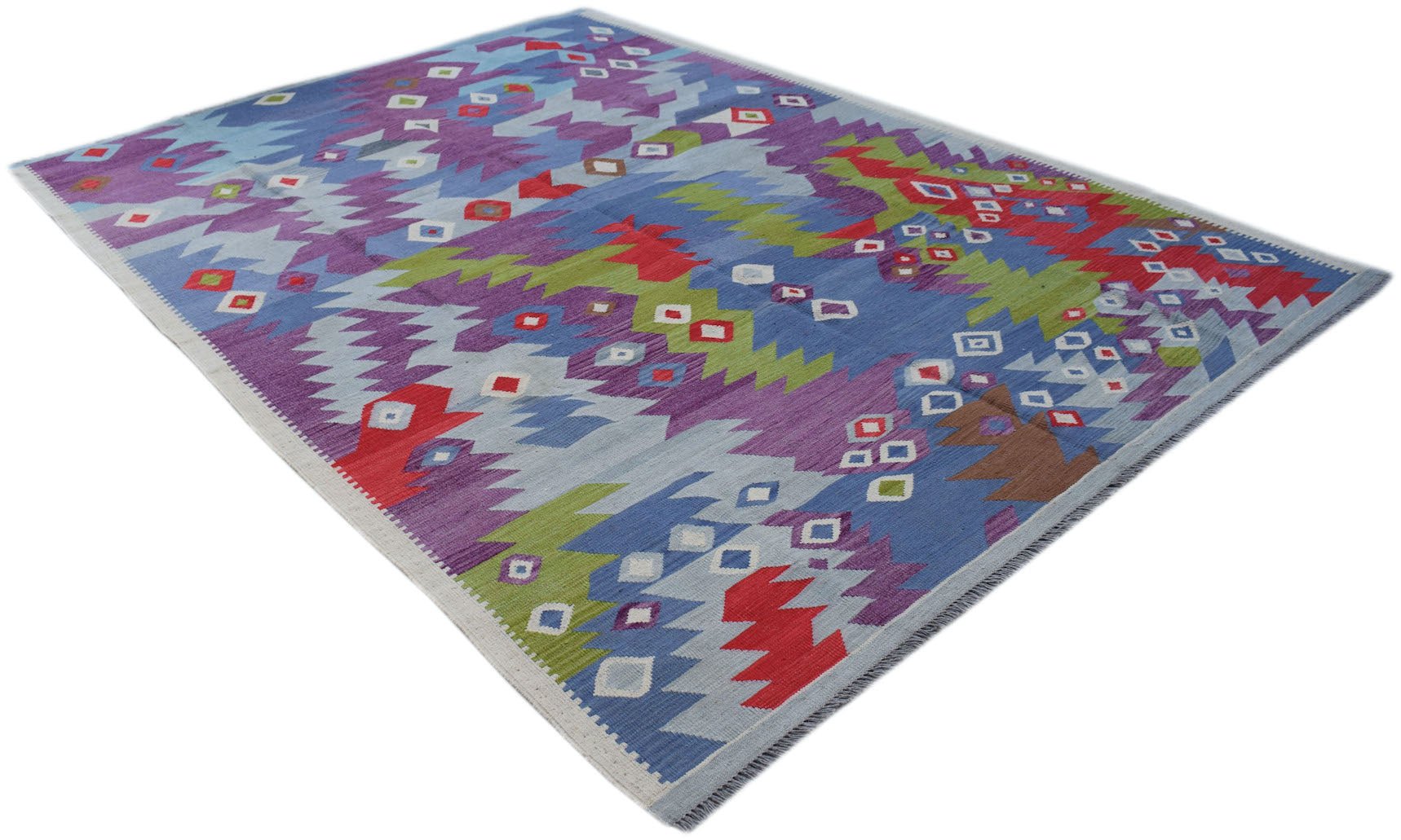 Handmade Afghan Maimana kilim rug featuring a vibrant geometric pattern in wool.