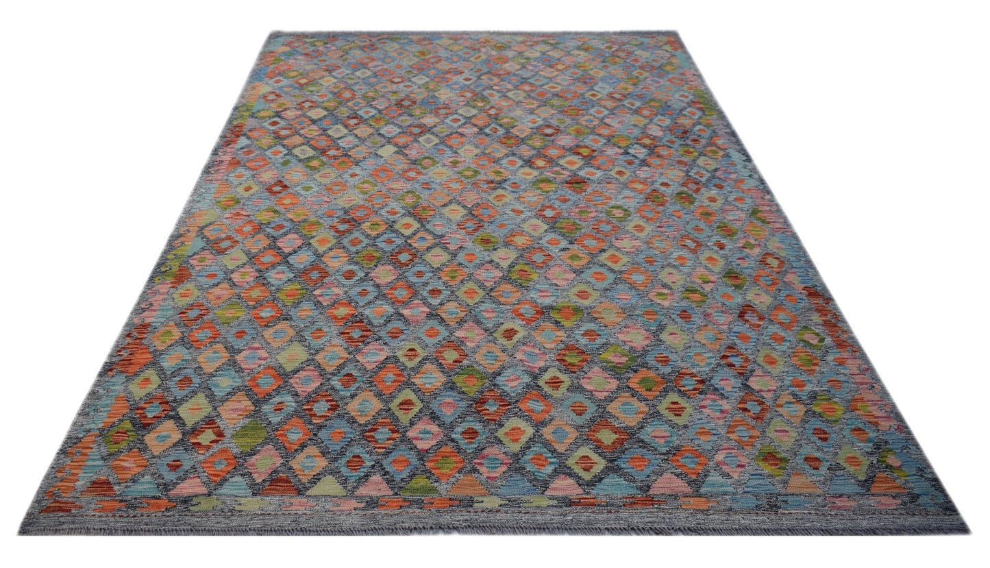 Handwoven Afghan Maimana kilim rug featuring a colorful geometric diamond pattern in wool.