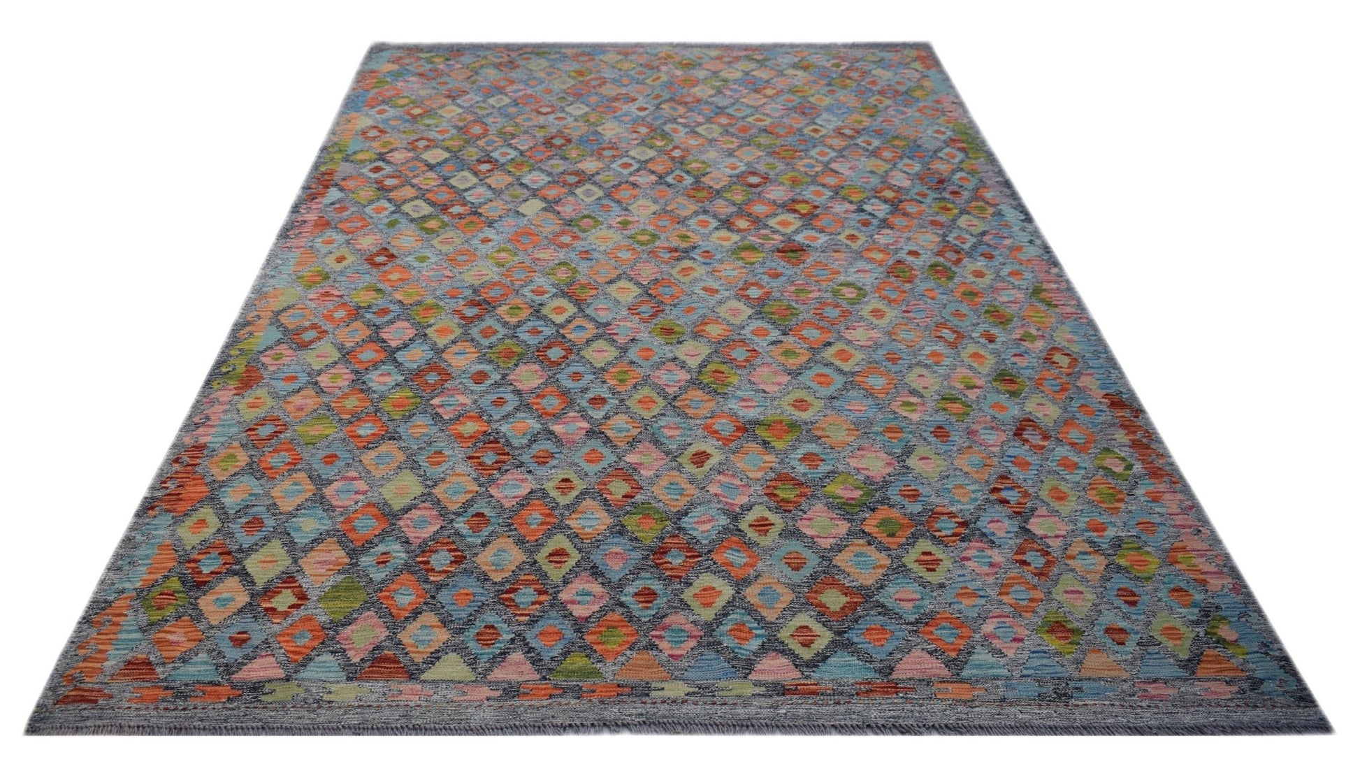 Handwoven Afghan Maimana kilim rug featuring a colorful geometric diamond pattern in wool.
