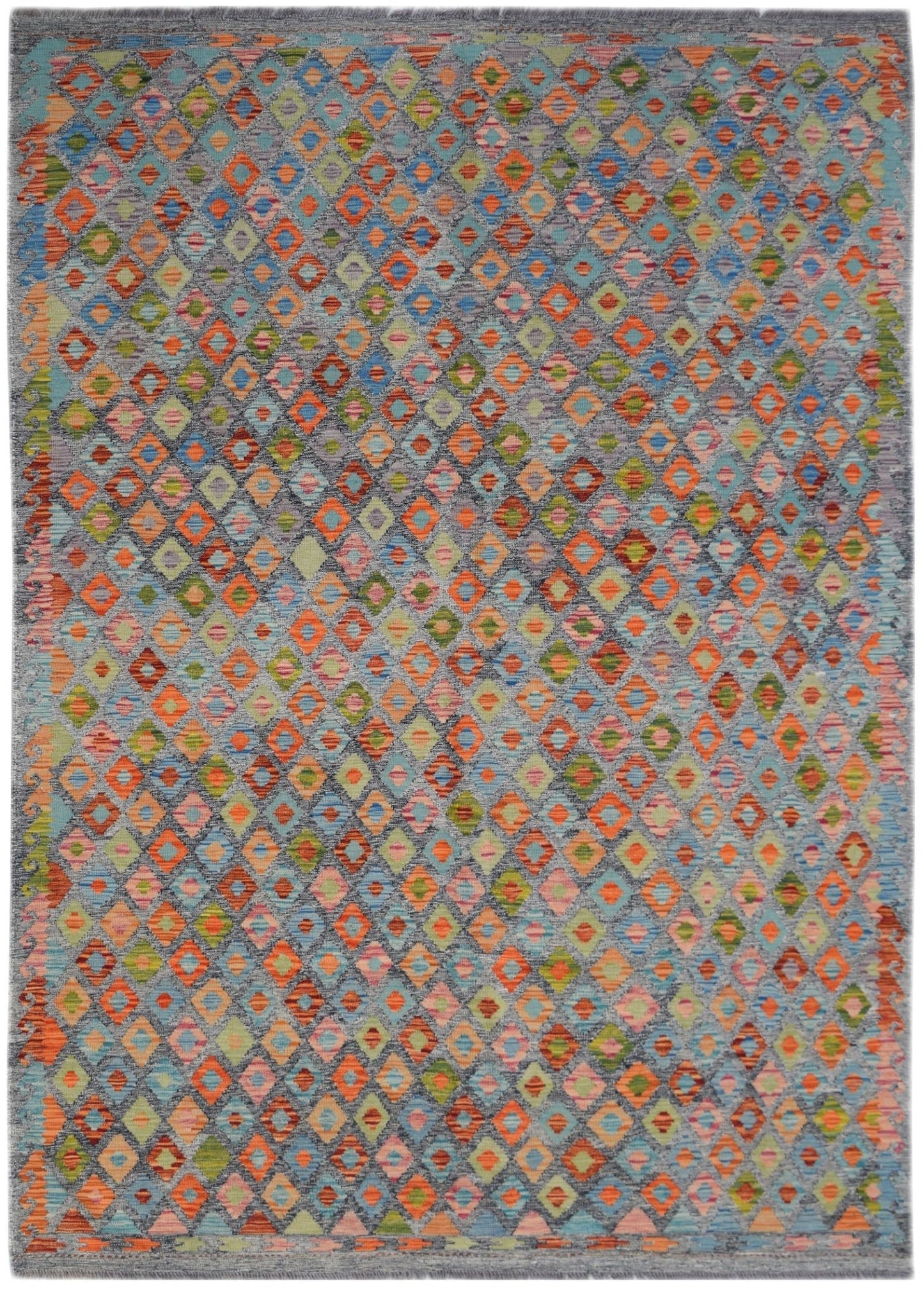 Handwoven Afghan Maimana kilim rug featuring a colorful geometric diamond pattern on a grey base.