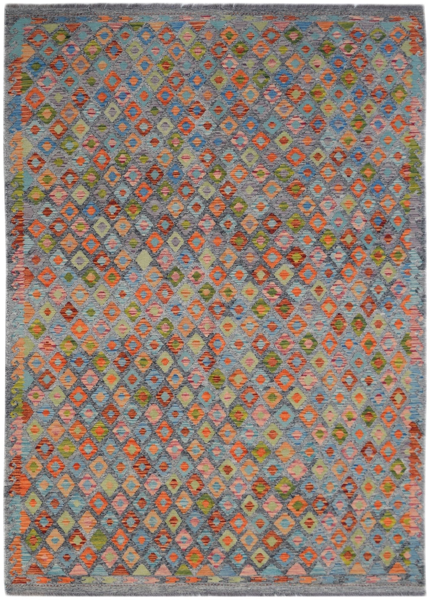Handwoven Afghan Maimana kilim rug featuring a colorful geometric diamond pattern on a grey base.