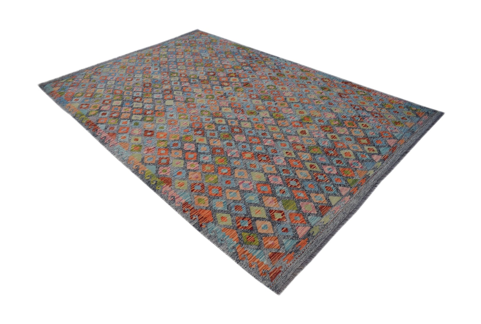 A rectangular Afghan Maimana kilim rug featuring a colorful geometric diamond pattern.