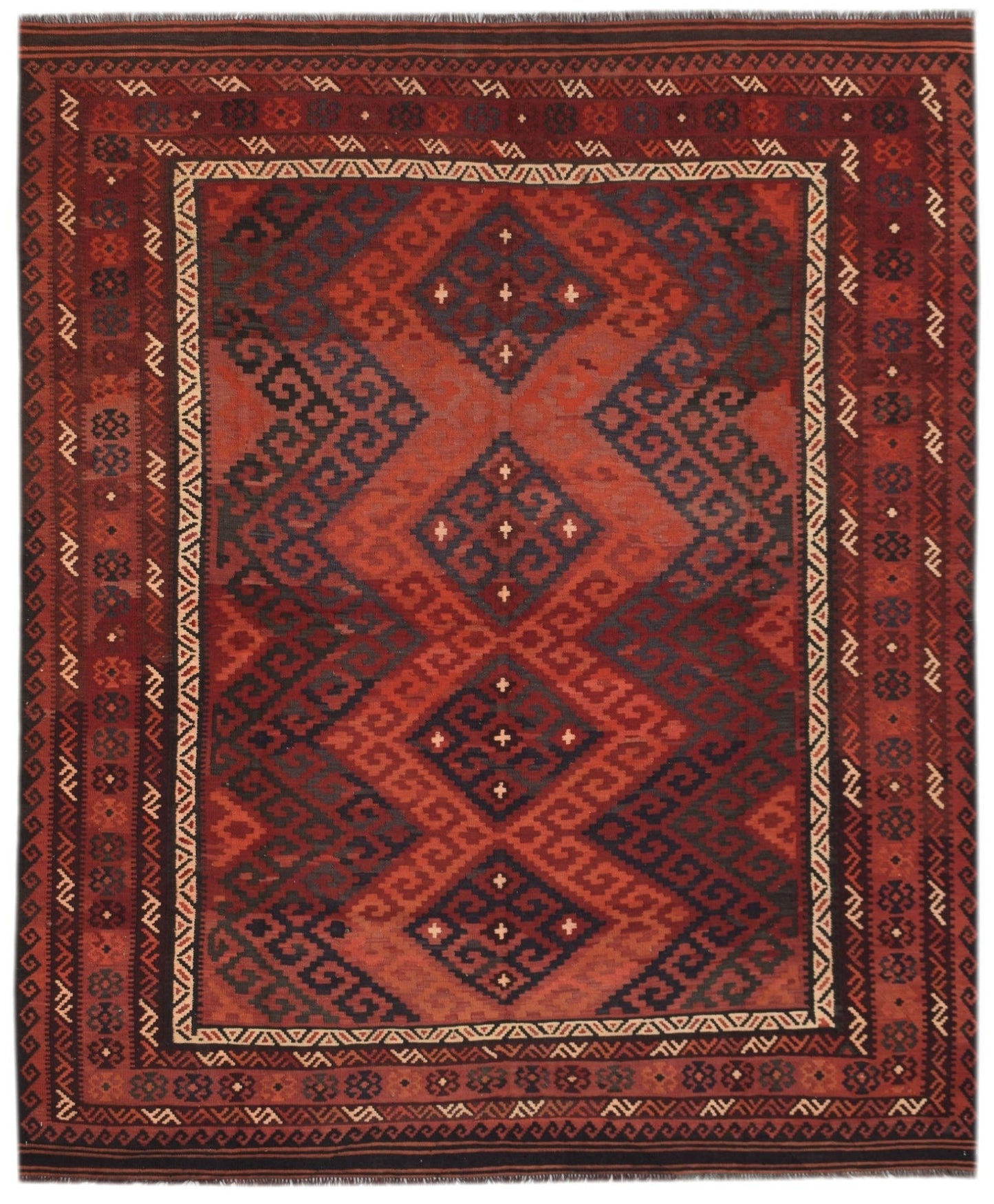 Handwoven Afghan Maimana kilim rug featuring a geometric diamond pattern in shades of red and black.