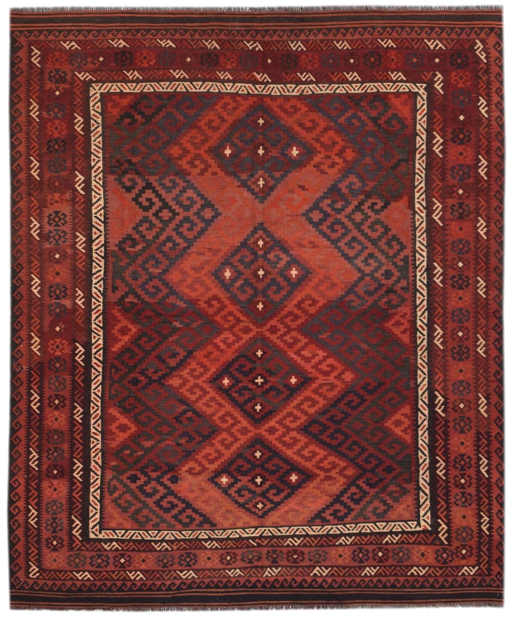 Handwoven Afghan Maimana kilim rug featuring a geometric diamond pattern in shades of red and black.
