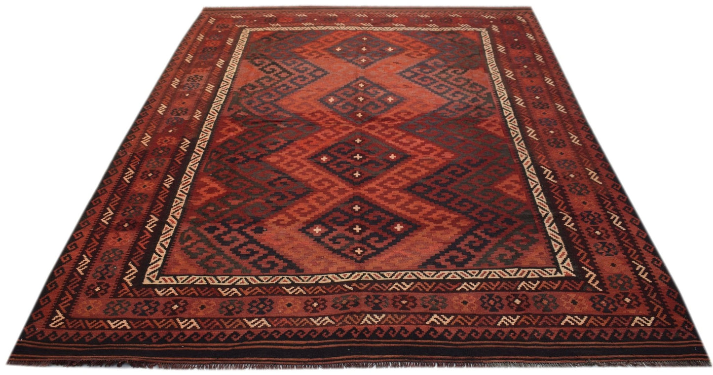 Handwoven Afghan Maimana kilim rug featuring a geometric diamond pattern in shades of red and black.