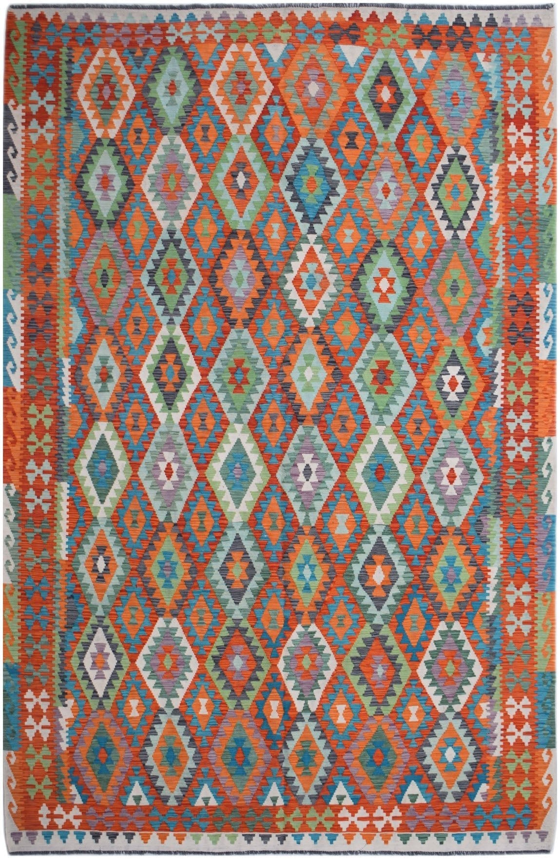 Handwoven Afghan Maimana kilim rug featuring a vibrant geometric diamond pattern in wool.