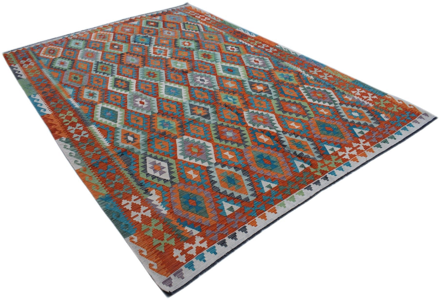 Handwoven Afghan Maimana kilim rug featuring a vibrant geometric diamond pattern in wool.