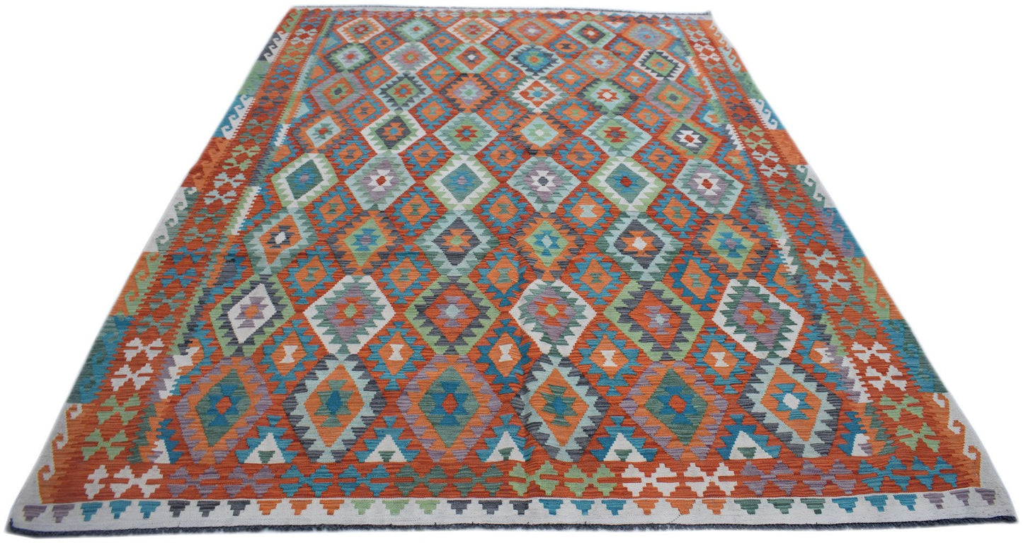 Handwoven Afghan Maimana kilim rug featuring a vibrant geometric diamond pattern in wool.