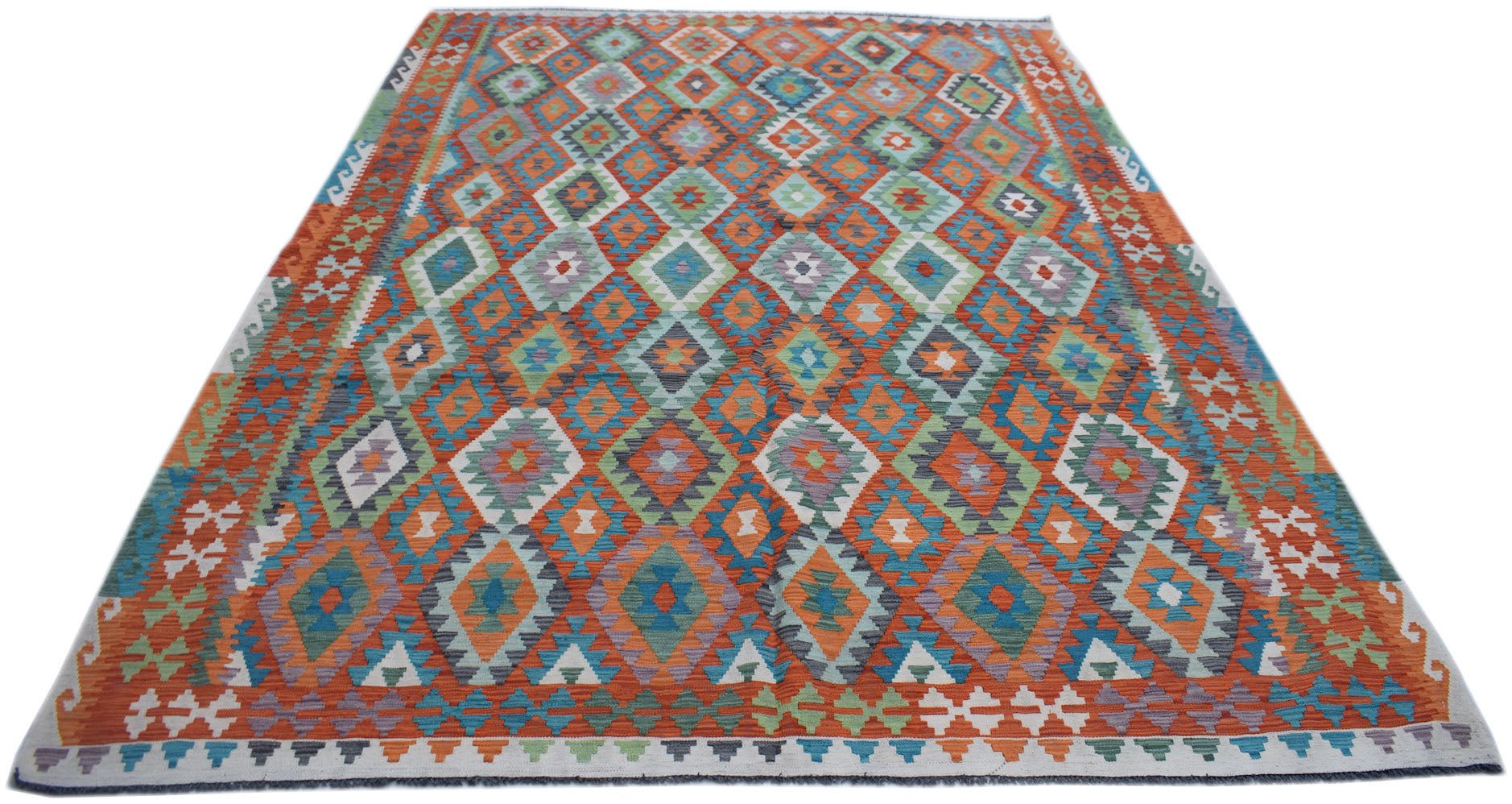 Handwoven Afghan Maimana kilim rug featuring a vibrant geometric diamond pattern in wool.