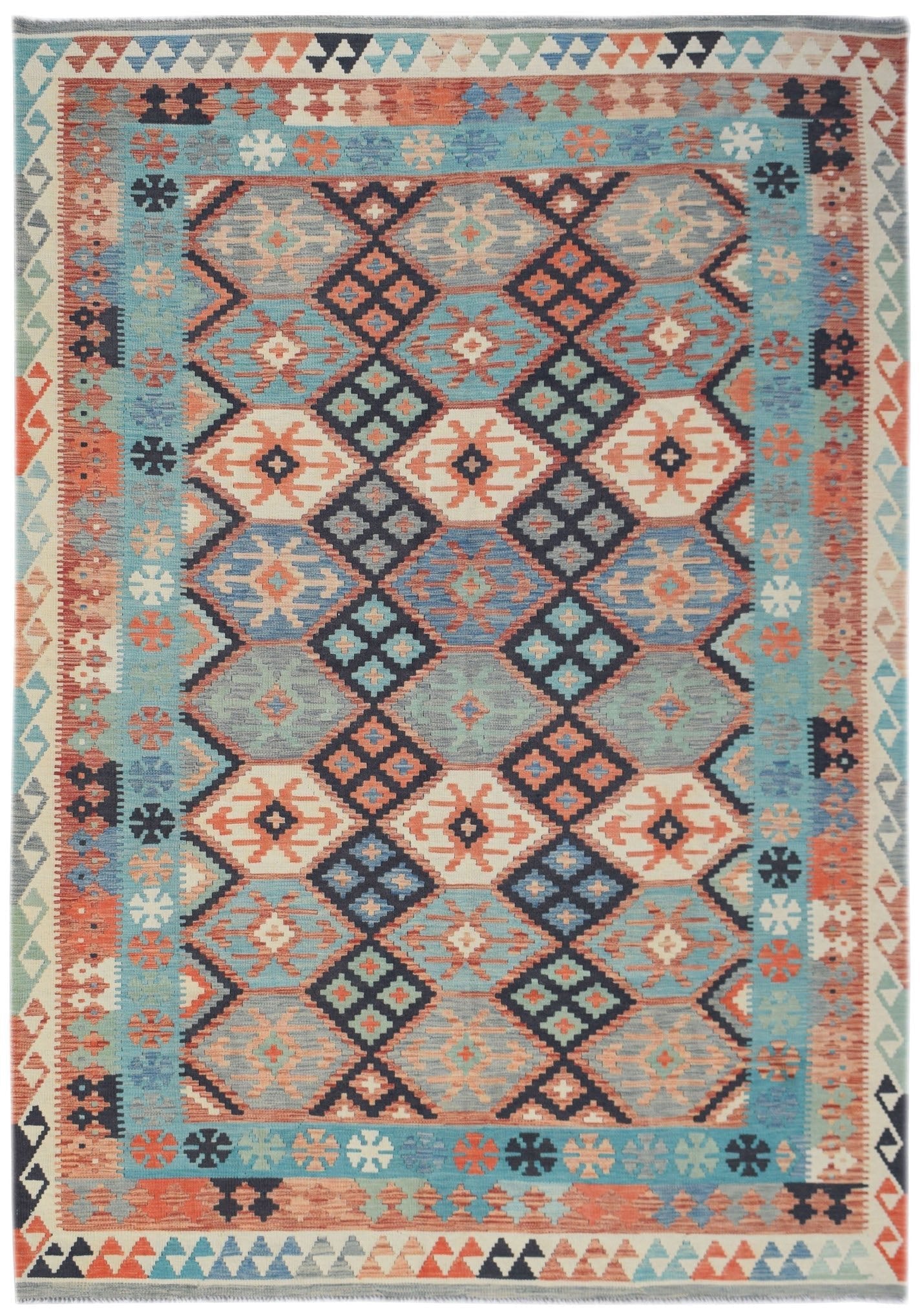 Handwoven Afghan Maimana kilim rug featuring a geometric diamond pattern in blue and orange tones.