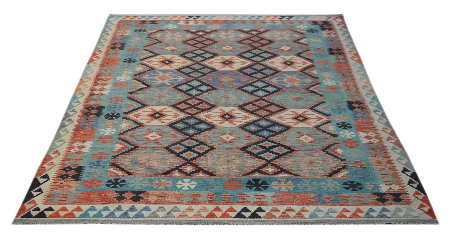 Handwoven Afghan Maimana kilim rug featuring a geometric diamond pattern in blue and orange tones.