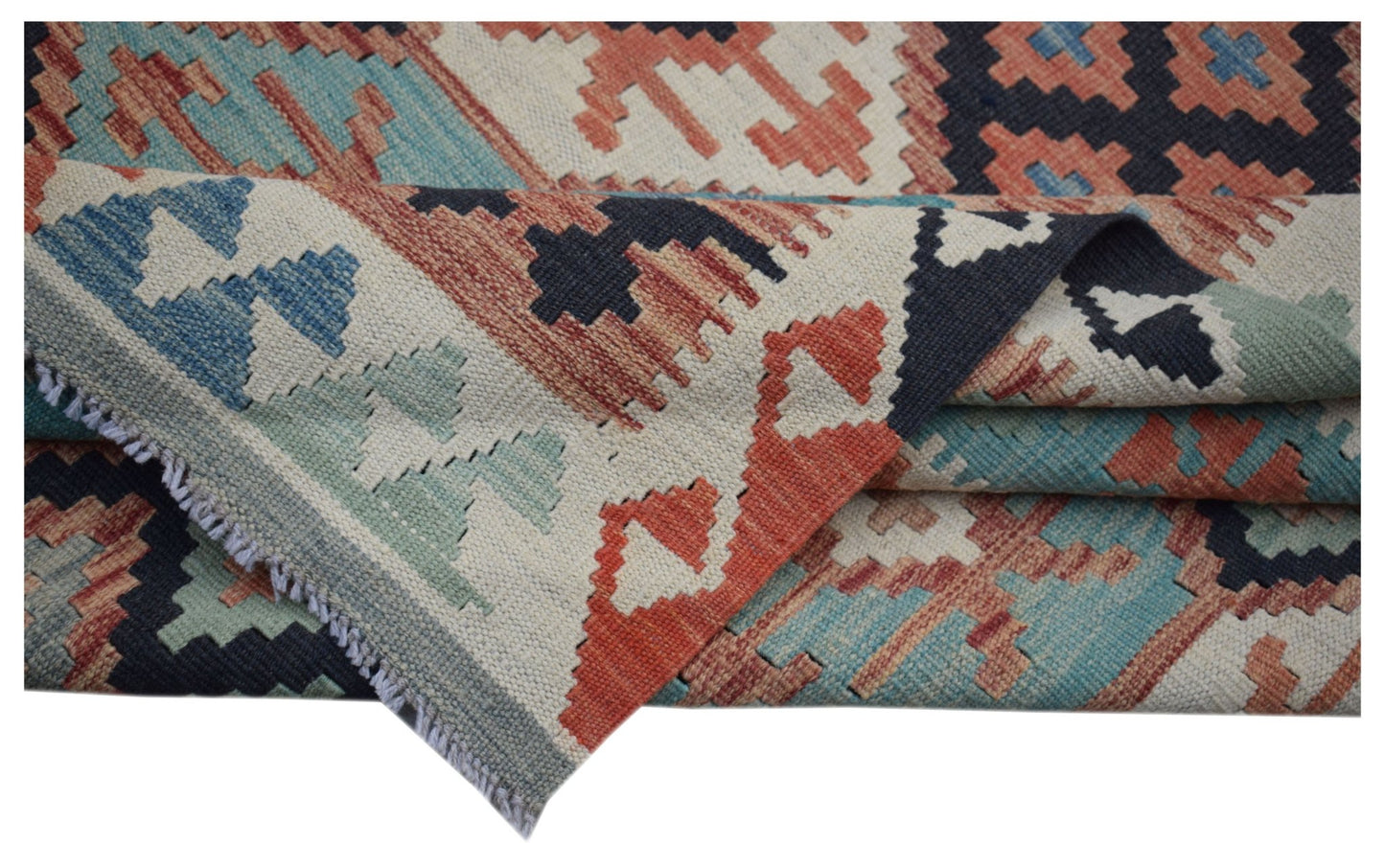 A handmade Afghan Maimana kilim rug featuring a geometric pattern in blue, red, and cream wool.