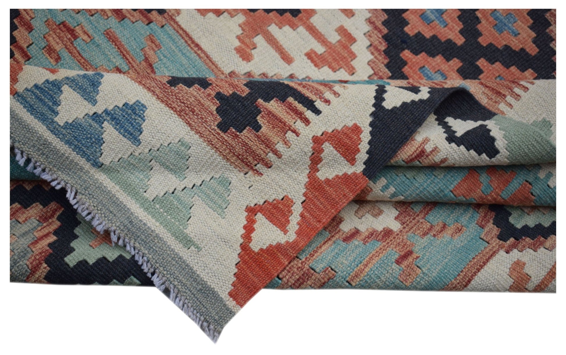 A handmade Afghan Maimana kilim rug featuring a geometric pattern in blue, red, and cream wool.