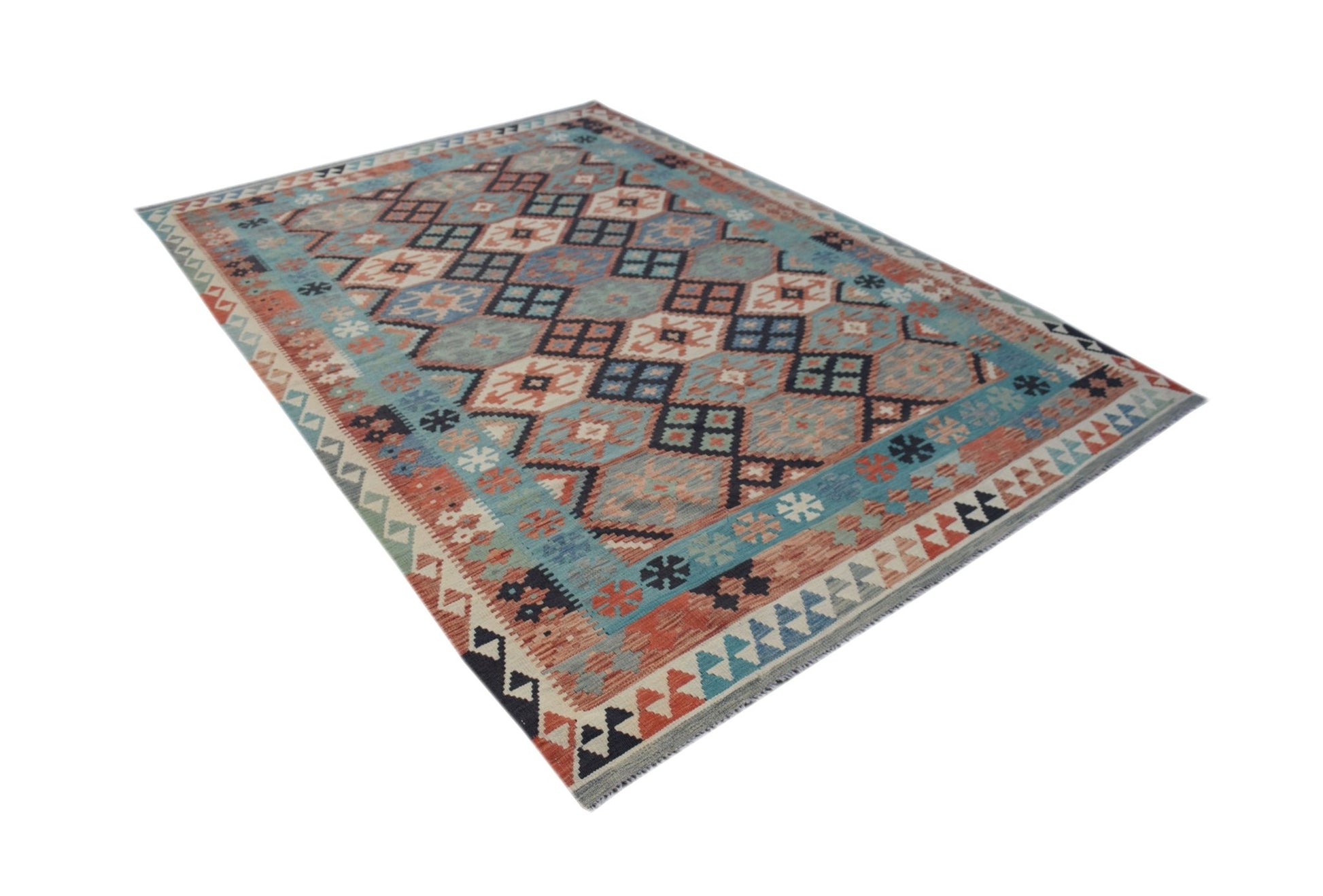 A handmade Afghan Maimana kilim rug featuring a geometric diamond pattern in blue, red, and cream.