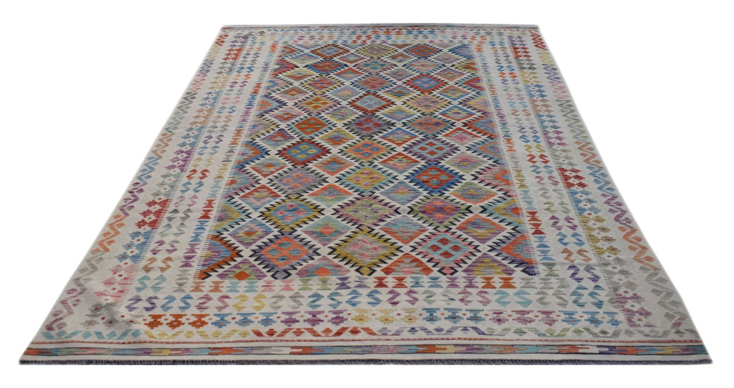 A rectangular Afghan Maimana kilim rug featuring a colorful geometric diamond pattern.