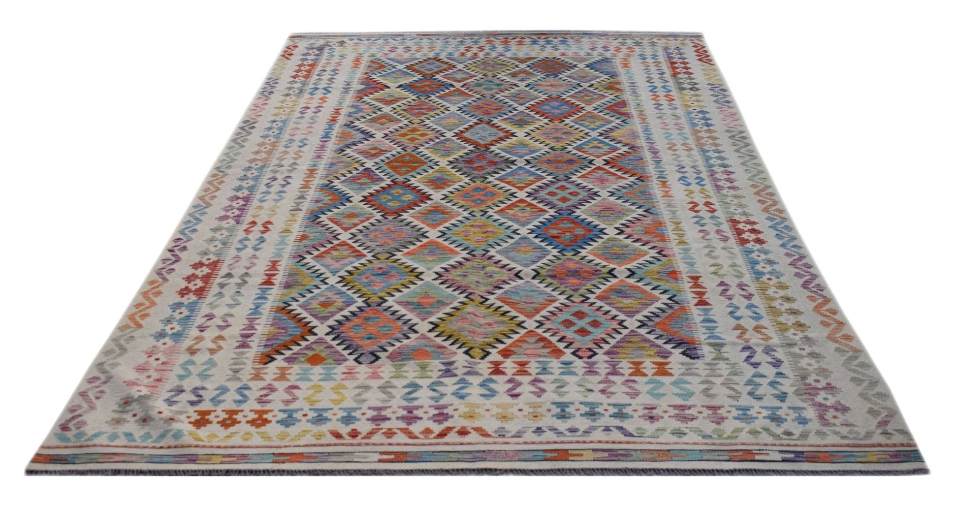 A rectangular Afghan Maimana kilim rug featuring a colorful geometric diamond pattern.