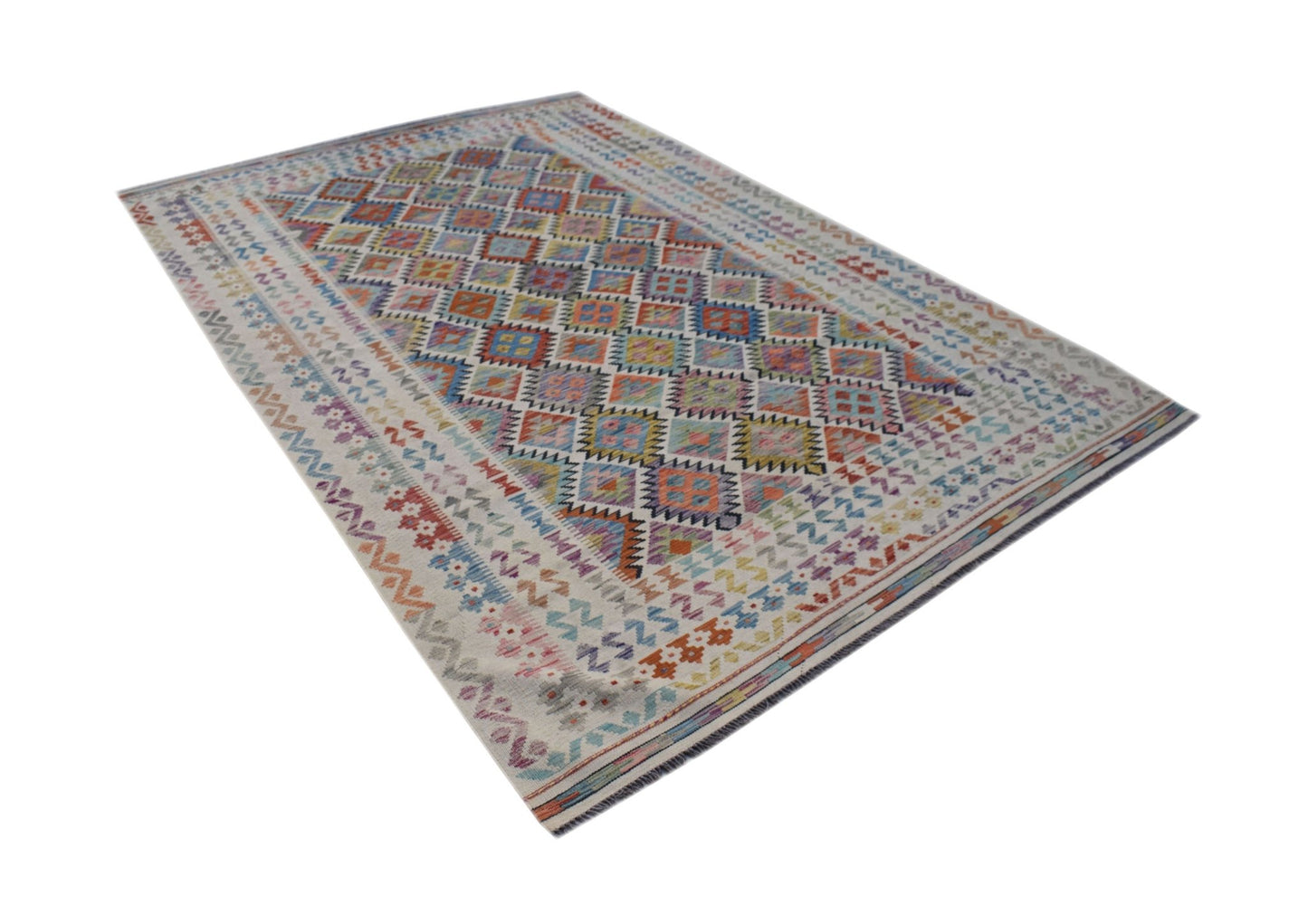 A handmade Afghan Maimana kilim rug featuring a colorful geometric diamond pattern on wool.