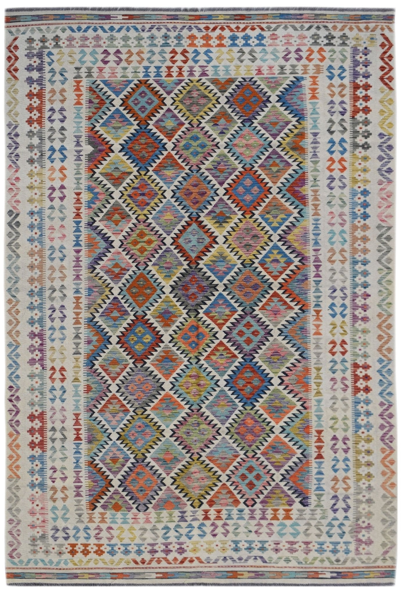 Handwoven Afghan Maimana kilim rug featuring a colorful geometric diamond pattern.