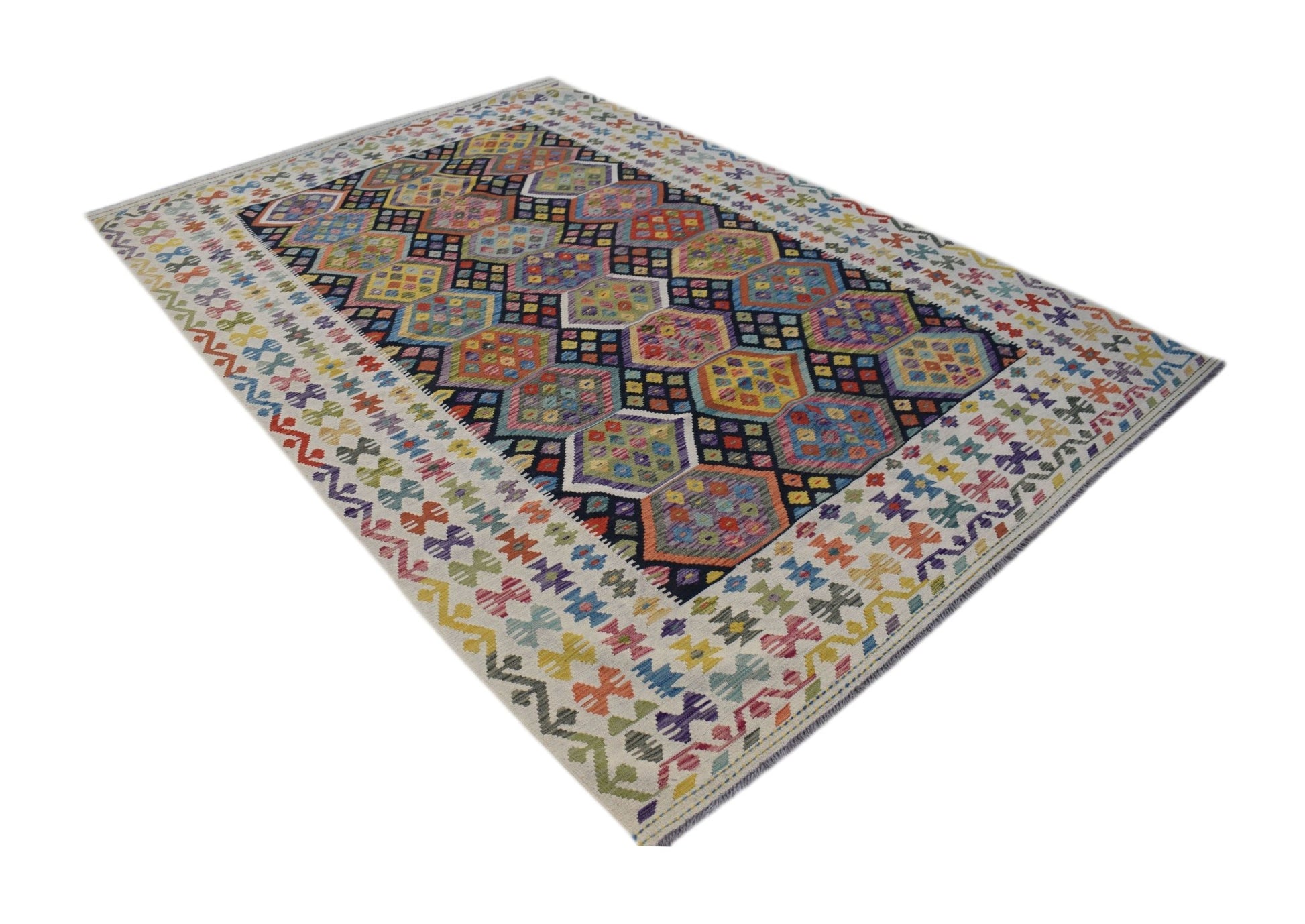 Handmade Afghan Maimana kilim rug featuring a colorful geometric pattern on a cream background.