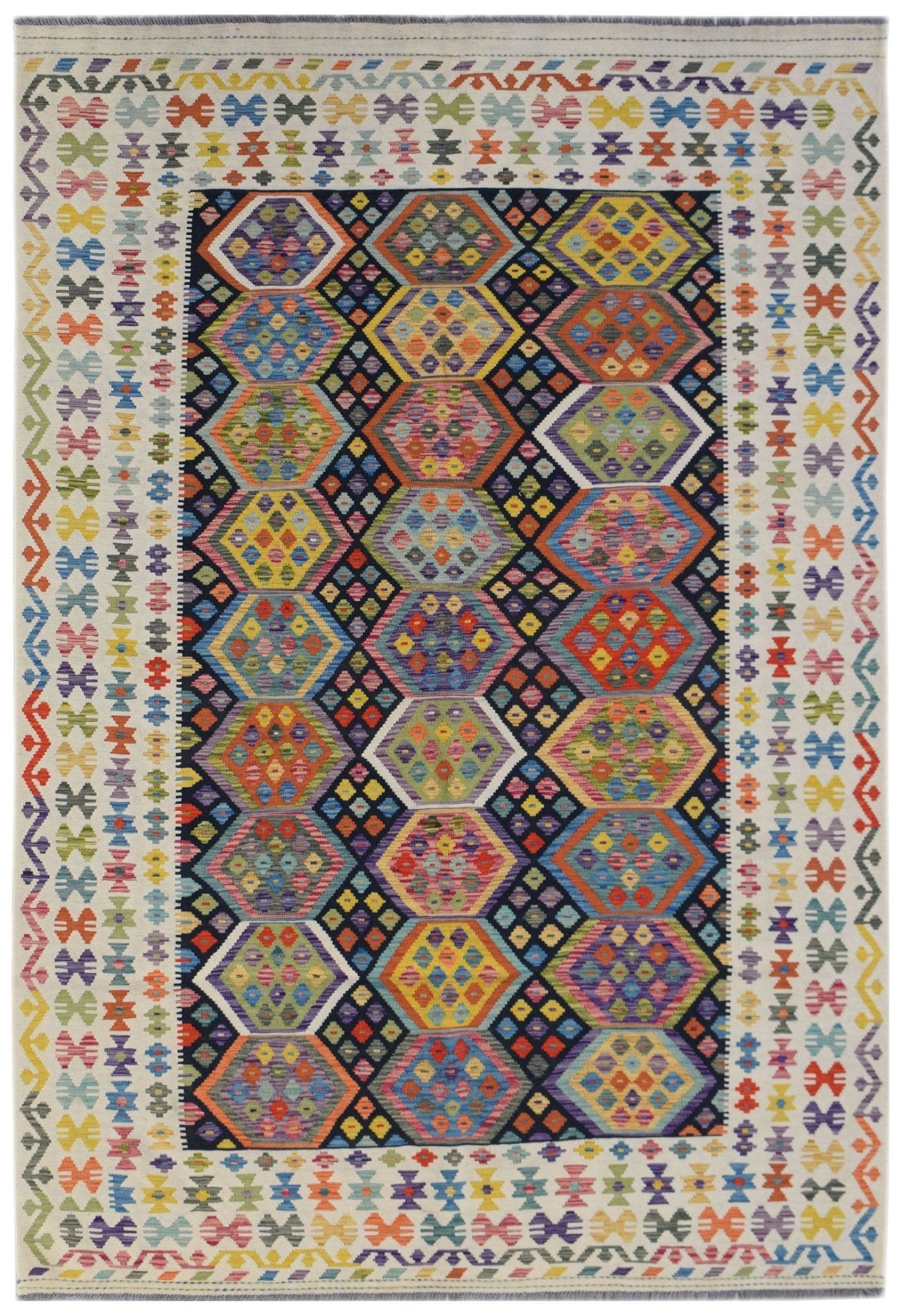 Handwoven Afghan Maimana kilim rug featuring a colorful geometric hexagon pattern.