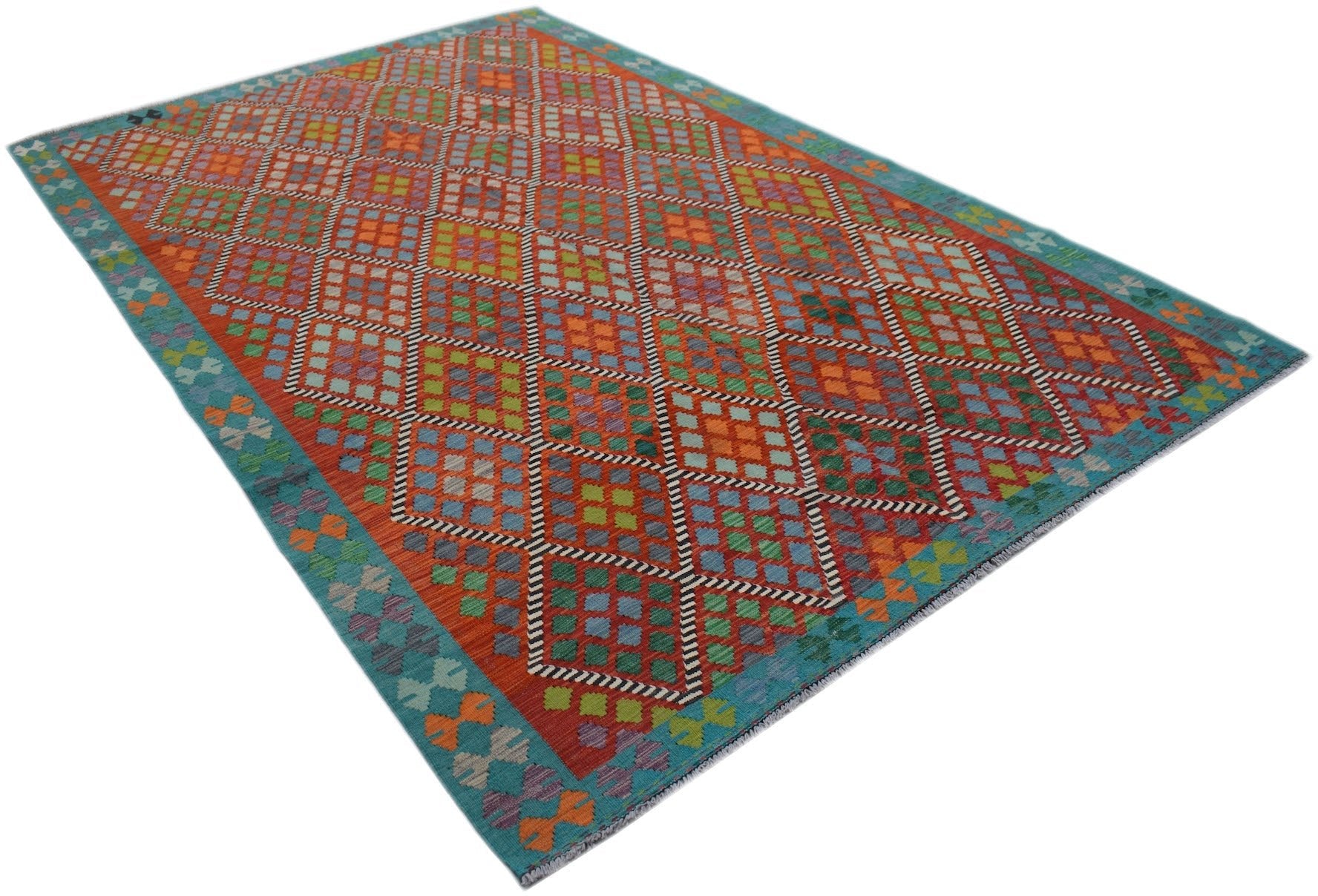 Handwoven Afghan Maimana kilim rug featuring a vibrant geometric diamond pattern in wool.