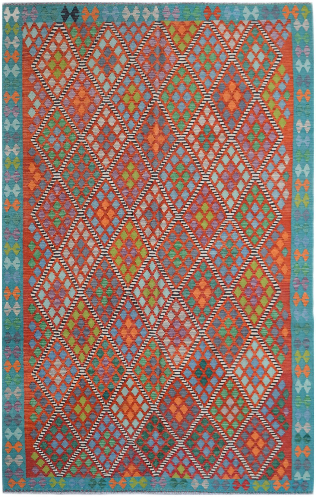 Handwoven Afghan Maimana kilim rug featuring a vibrant geometric diamond pattern in wool.