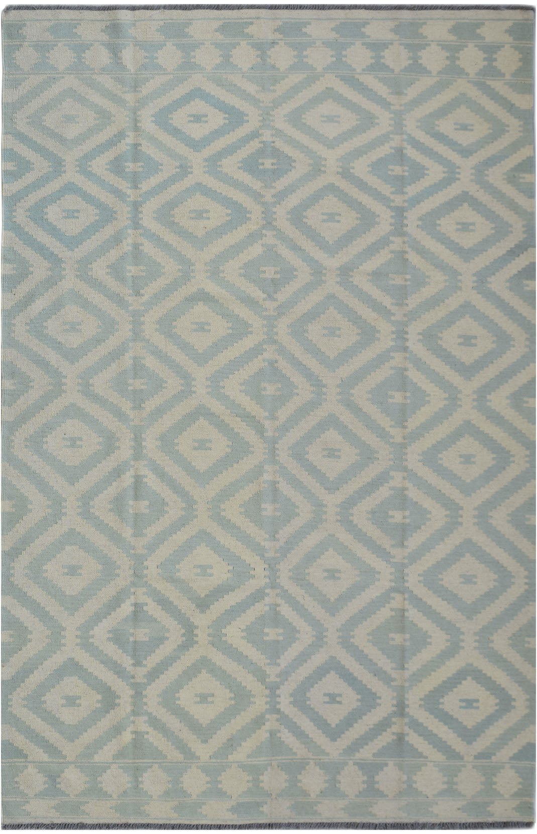 Handmade Afghan Maimana kilim rug featuring a light blue and cream geometric diamond pattern.