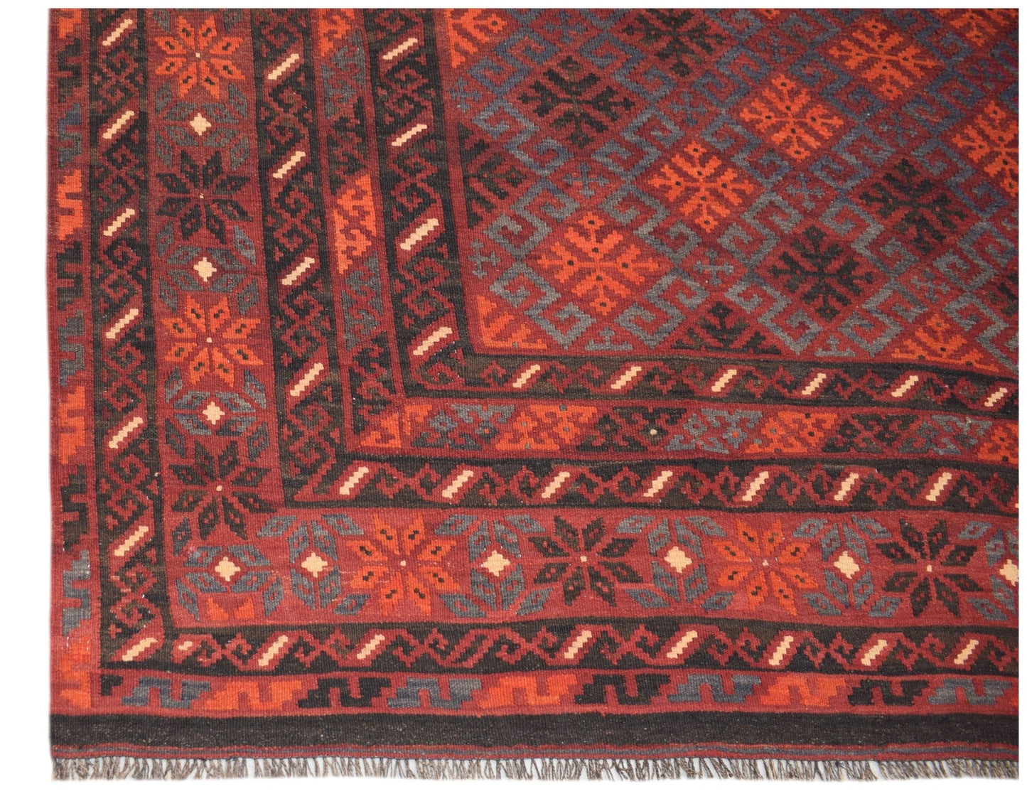 Handwoven Afghan Maimana kilim featuring a geometric pattern in shades of red, black, and grey.