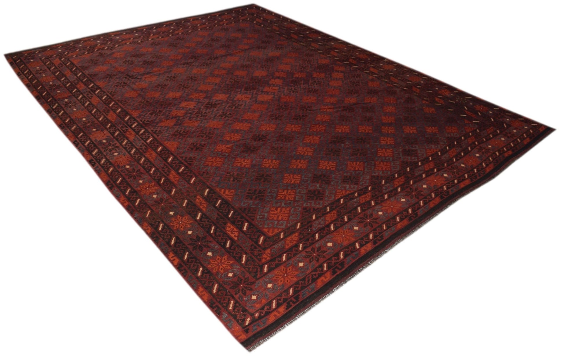 A handmade Afghan Maimana kilim rug featuring a geometric pattern in shades of red and brown.
