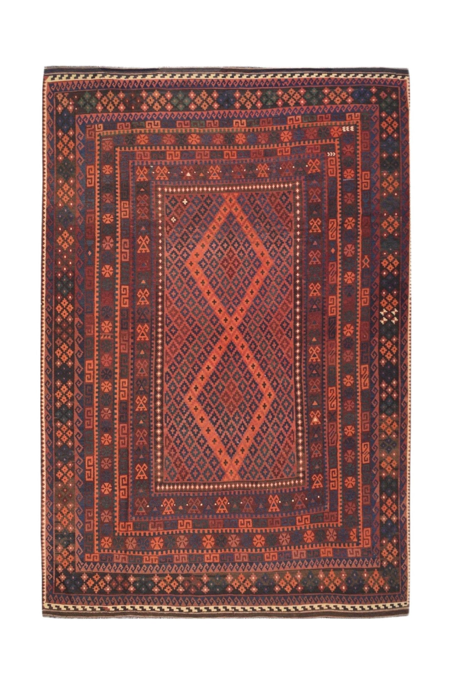 Handwoven Afghan Maimana kilim rug featuring a geometric diamond pattern in red and blue tones.