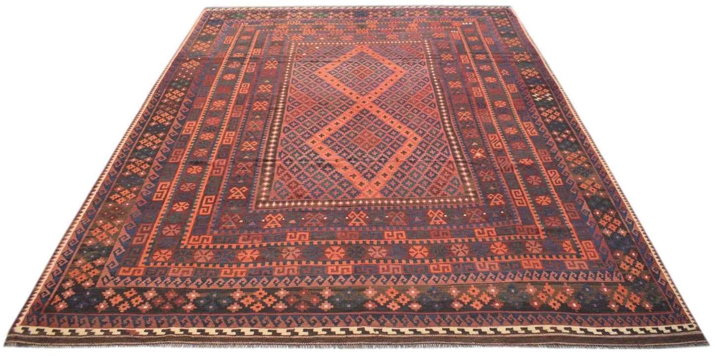 Handwoven Afghan Maimana kilim rug featuring a geometric diamond pattern in red and blue tones.