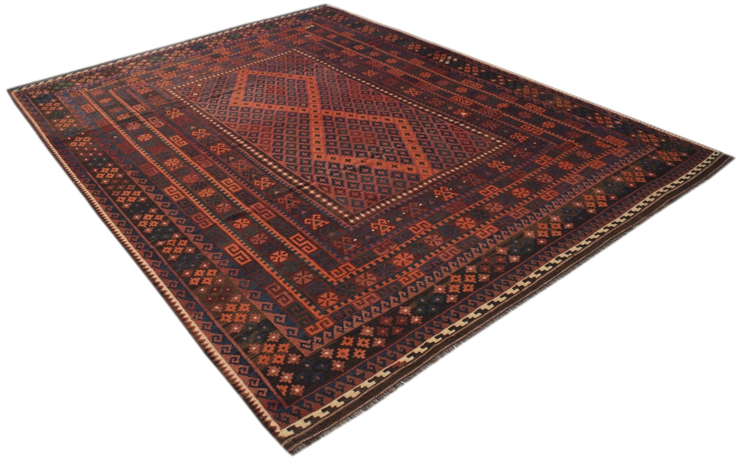 A rectangular Afghan Maimana kilim rug featuring a geometric diamond pattern in red and dark blue.