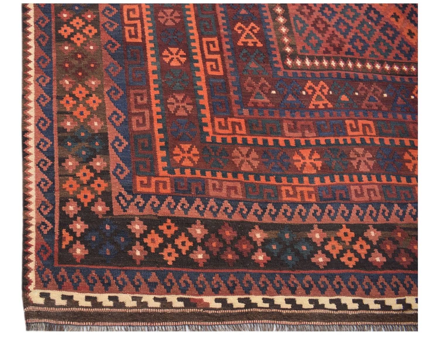 Handwoven Afghan Maimana kilim rug featuring geometric patterns in red, blue, and brown tones.