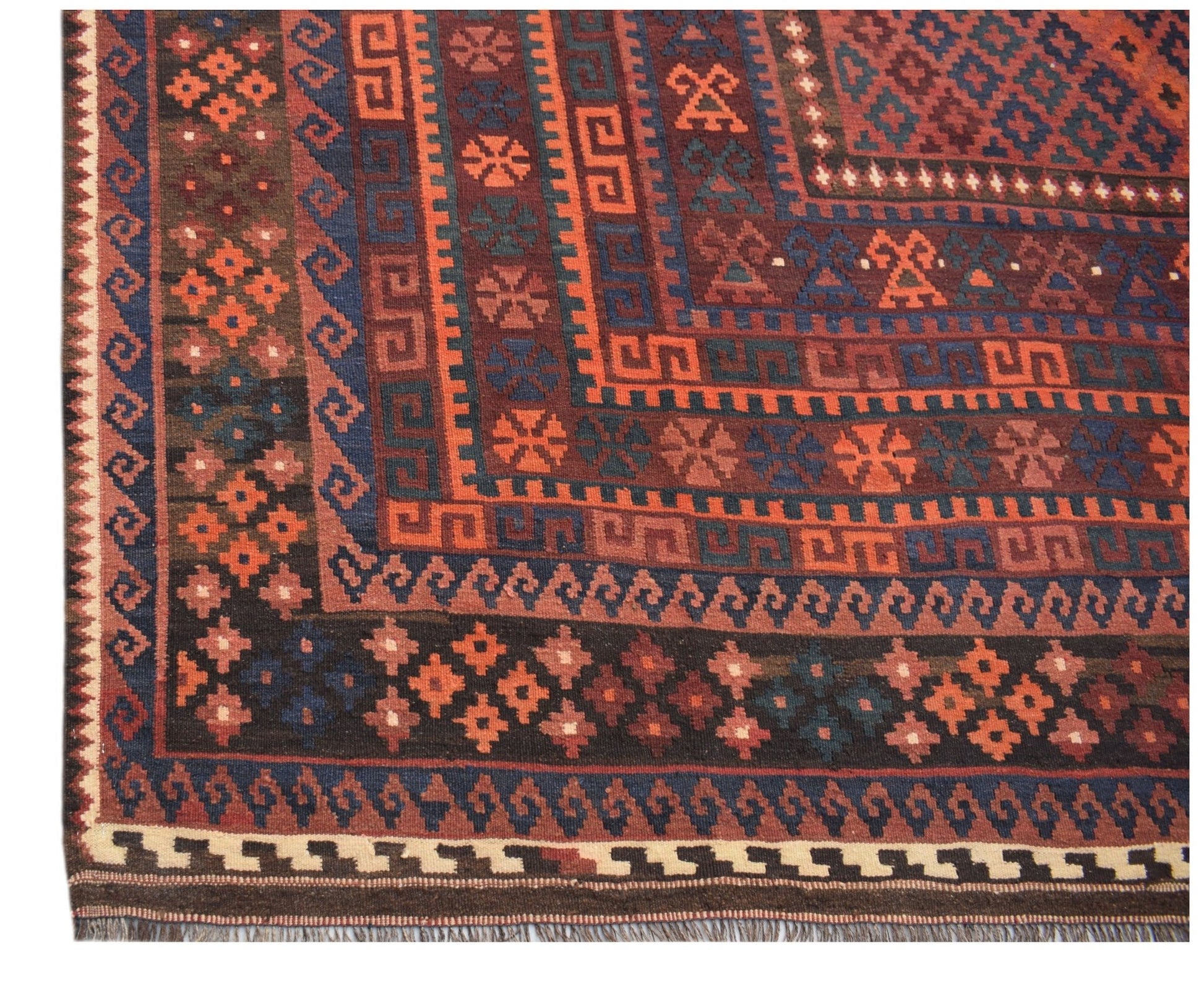 Handwoven Afghan Maimana kilim rug featuring geometric patterns in red, blue, and brown tones.