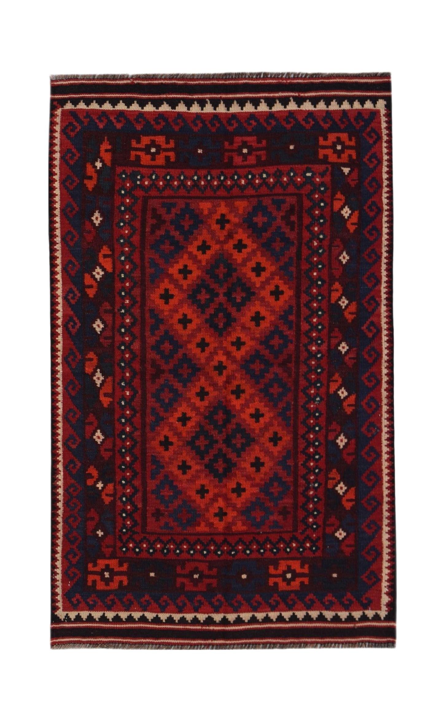 Handwoven Afghan Maimana kilim rug featuring a geometric diamond pattern in red and navy blue.