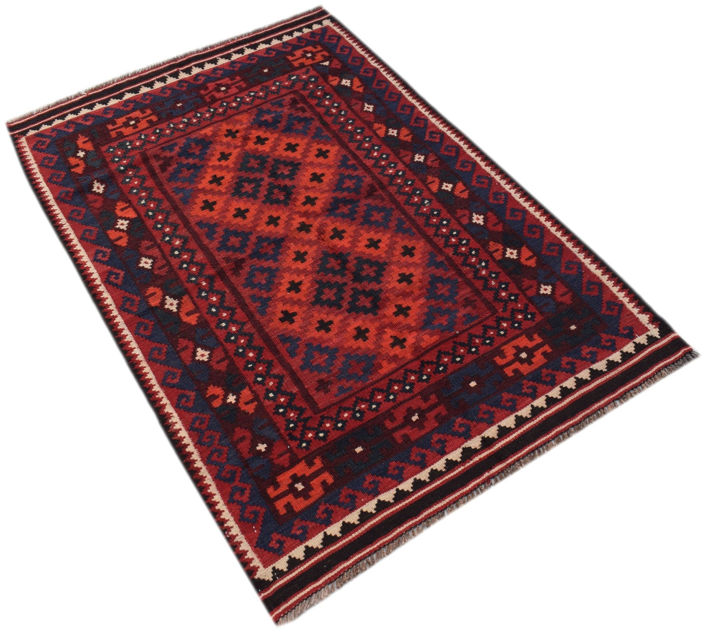 Handwoven Afghan Maimana kilim rug featuring a geometric pattern in red and blue wool.