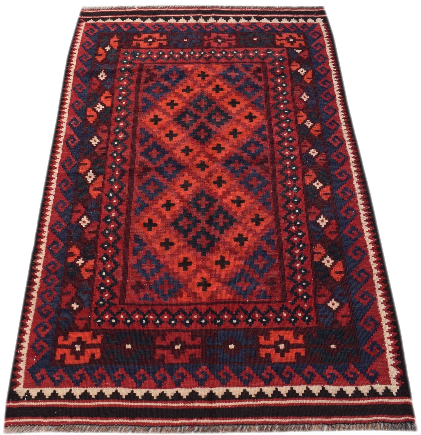 Handwoven Afghan Maimana Kilim runner featuring a geometric pattern in red and blue wool.