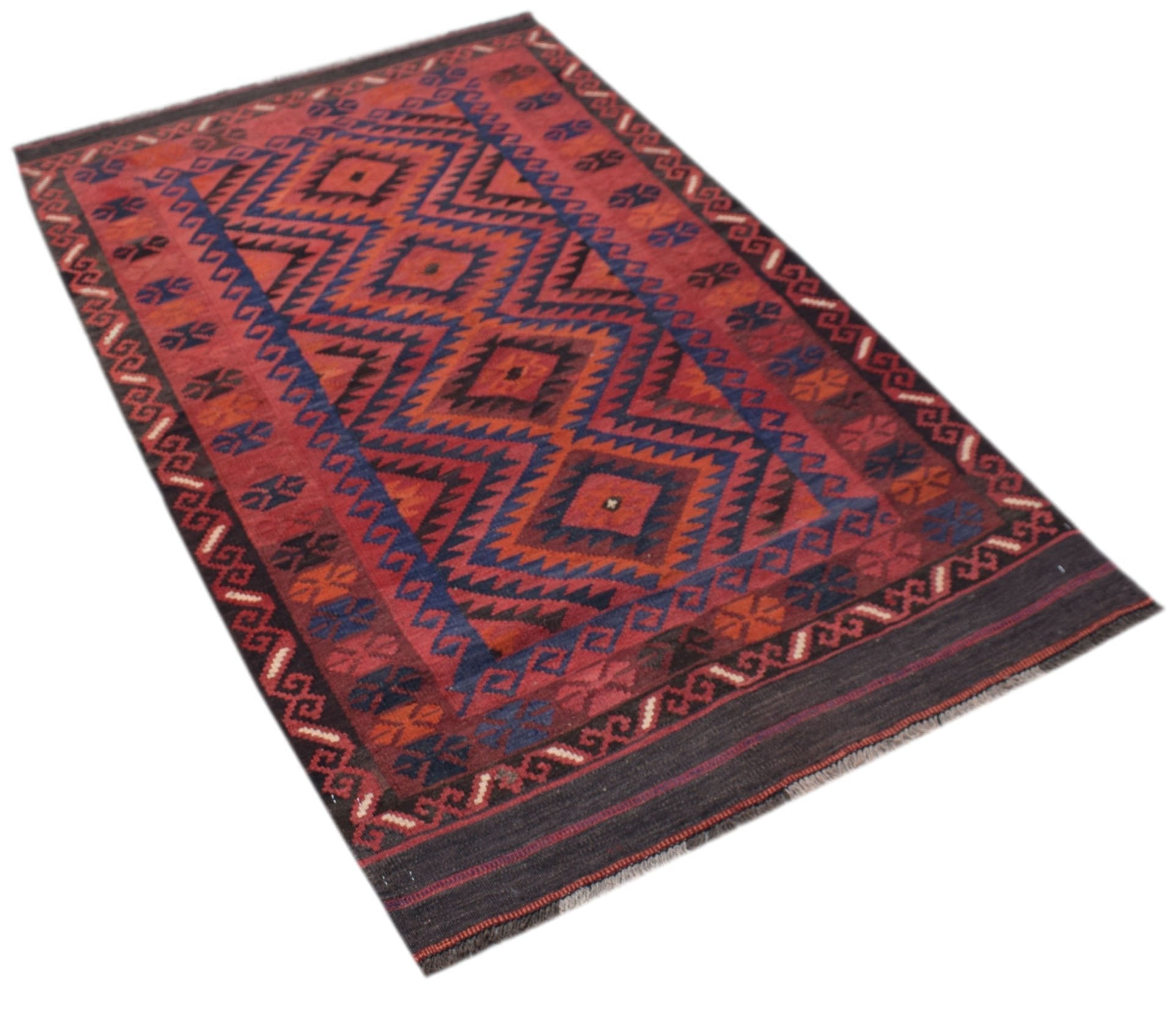 Handwoven Afghan Maimana wool runner rug featuring a geometric diamond pattern in red and blue.