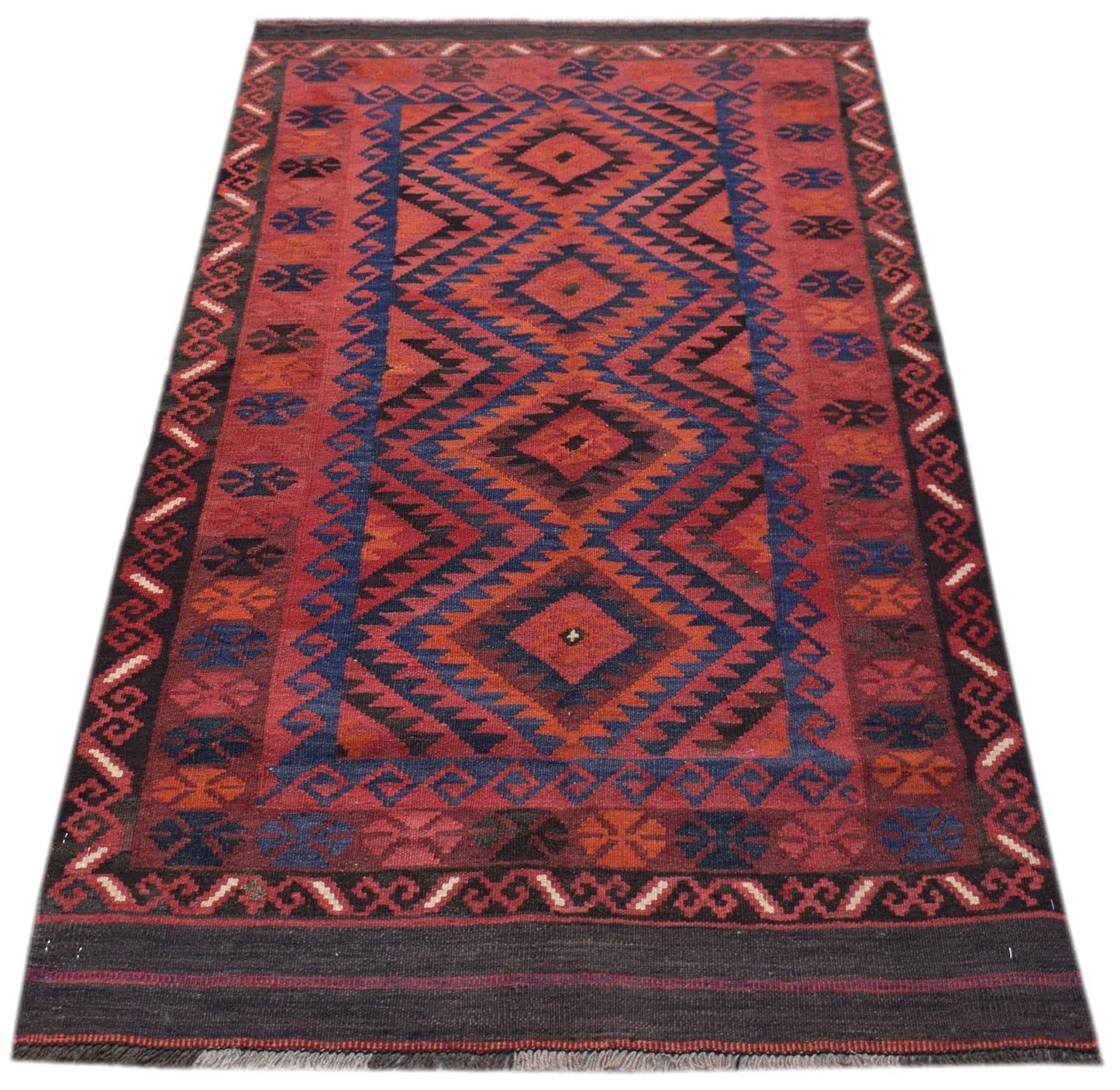 Handwoven Afghan Maimana wool runner featuring a geometric diamond pattern in red and blue.
