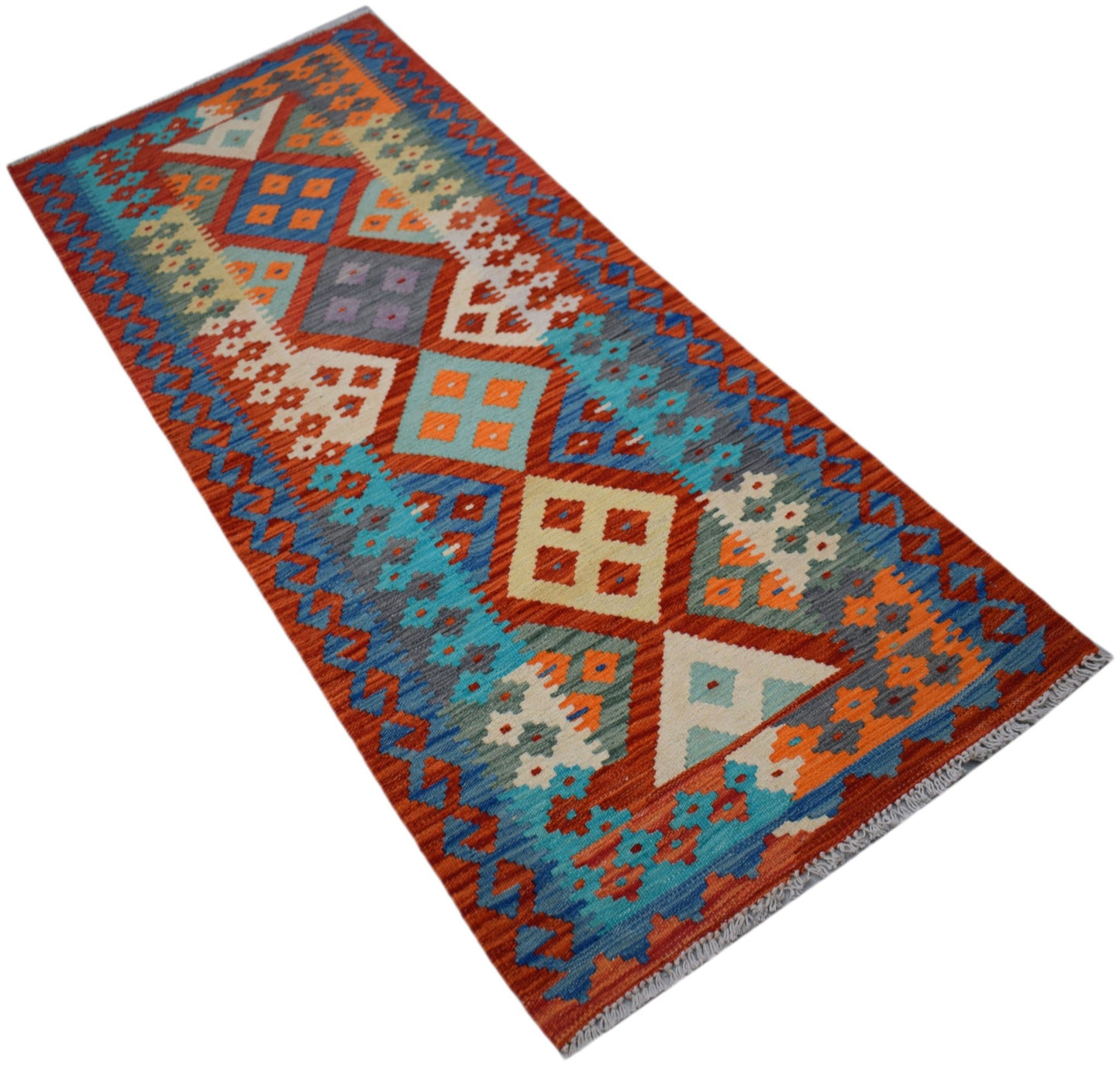 Handwoven Afghan Maimana wool runner rug featuring a vibrant geometric pattern in multi-colored hues.