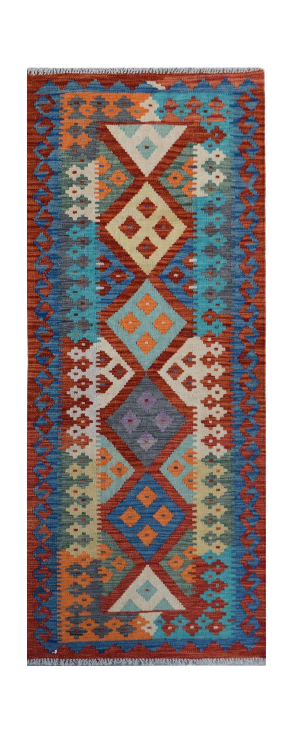 Handwoven Afghan Maimana wool runner rug featuring a vibrant geometric pattern in multi-colored hues.