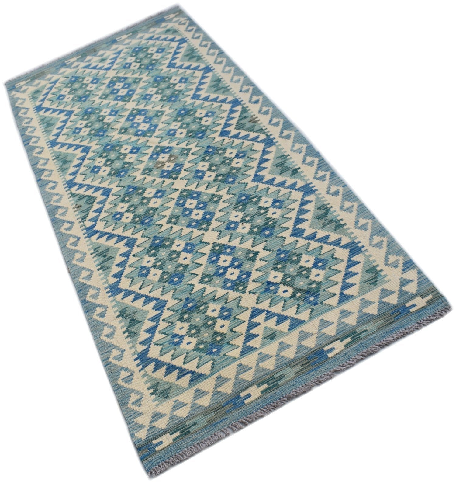 Handwoven Afghan Maimana wool runner rug featuring a blue and cream geometric diamond pattern.