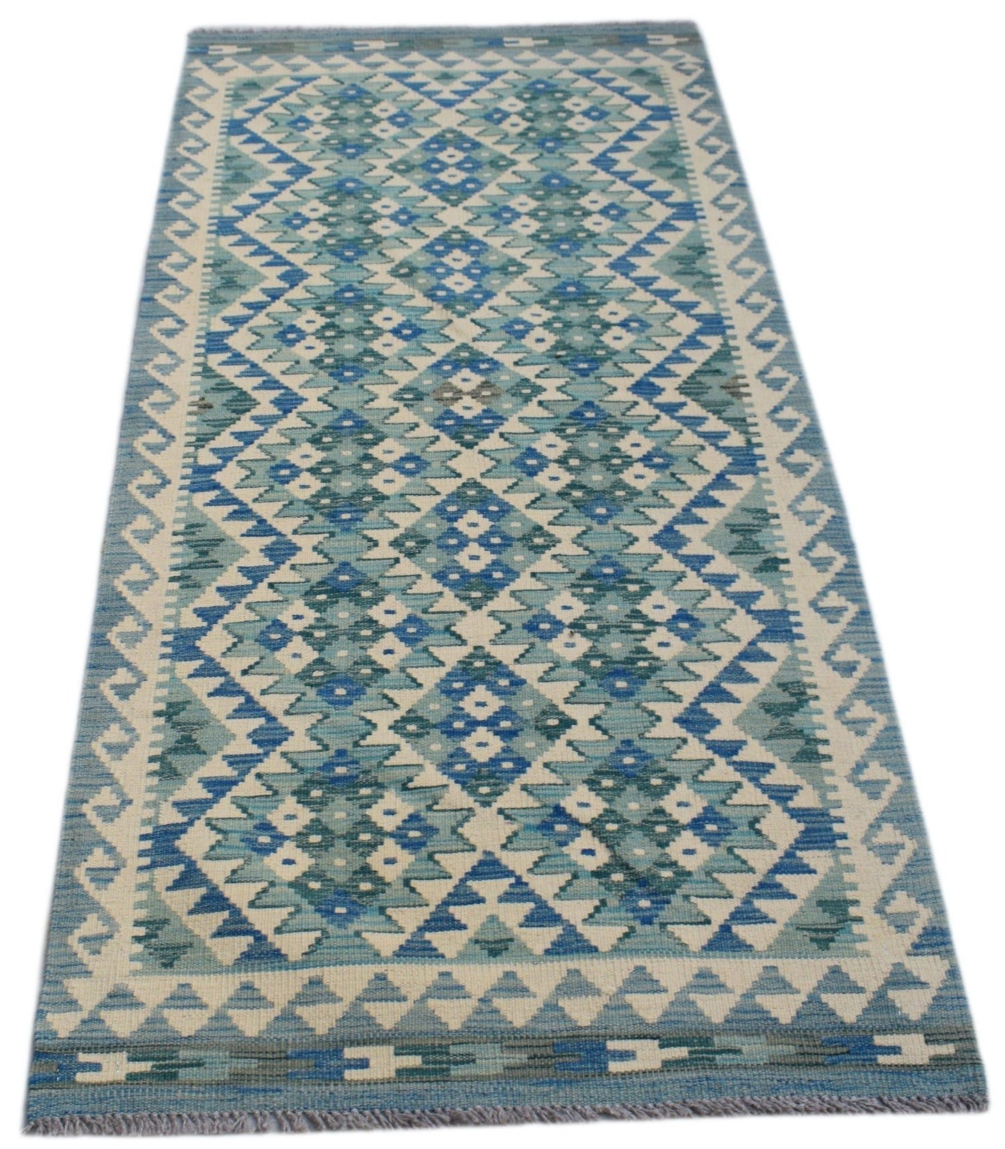 Handwoven Afghan Maimana wool runner featuring a blue and cream geometric diamond pattern.